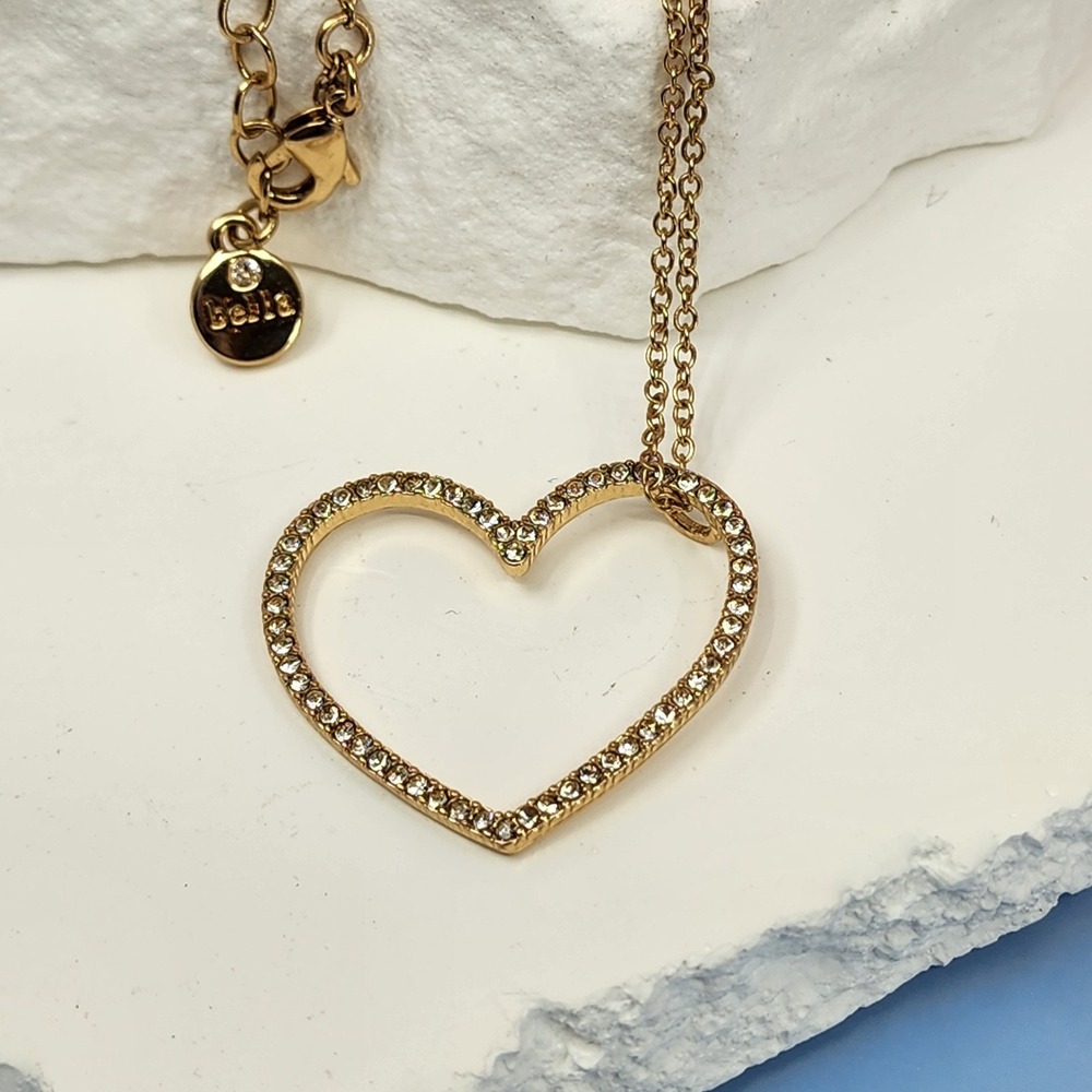 Bella Gold Tone Rhinestone Open Heart Pendant Necklace Romantic Gift Coquette
